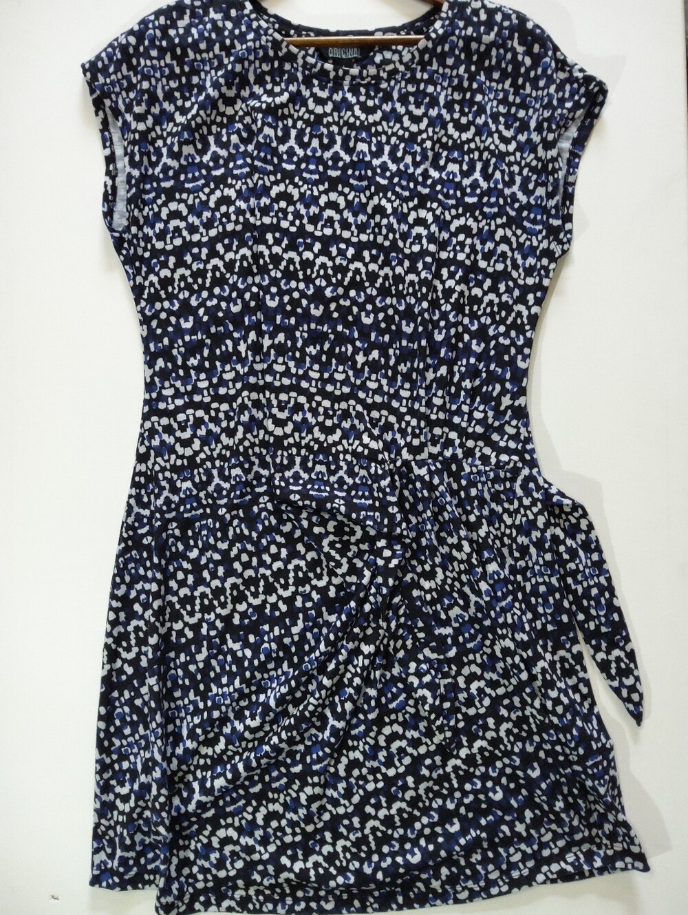 Nicole Miller Midi Shift Dress Womens Large Navy Blue White Dots Twist Waist